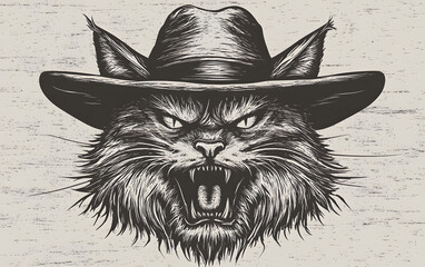 Engraved illustration of an angry, fluffy cat wearing a hat, full-body view, isolated on a white background, with high-detail black and gray vintage line art in a woodcut style. 