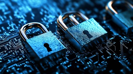 Fototapete - Closeup of multiple metallic padlocks on a circuit board background illustrating cybersecurity concepts : Generative AI