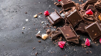 Poster - Delicious dark chocolate pieces scattered with raspberries and nuts on dark rustic background : Generative AI