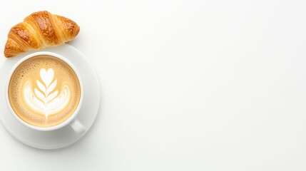 Morning coffee and croissant breakfast with latte art on white background