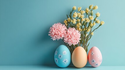 Canvas Print - Easter composition. Colorful Easter eggs and delicate spring flowers on a pastel blue background.