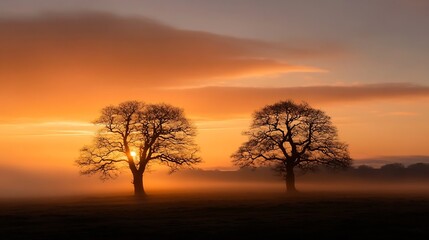 Aufkleber - Two majestic trees bathed in golden light during sunrise creating an enchanting landscape in misty conditions : Generative AI