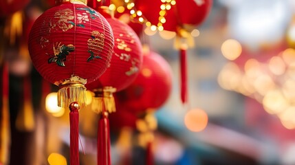 Poster - Vibrant red Chinese lanterns glowing warmly against a picturesque backdrop celebrating cultural festivities : Generative AI