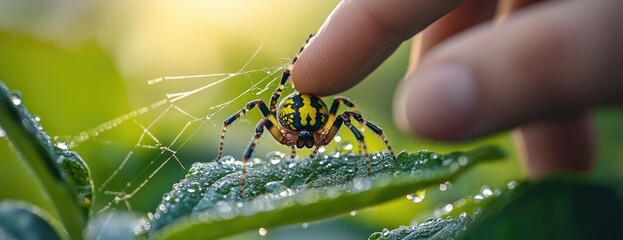 Hand gently touching spider on dew-covered leaf, sunrise background. Nature stock photo