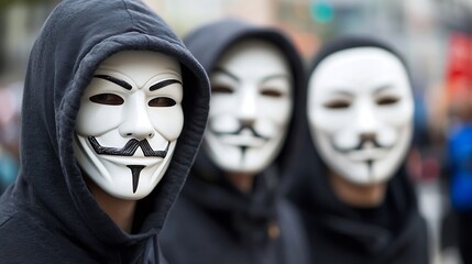 Group of individuals wearing Guy Fawkes masks representing protest and anonymity in society : Generative AI