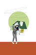 © deagreez - Trend artwork composite sketch image photo collage of real estate home build flat realtor relocation homeless woman carry backpack house