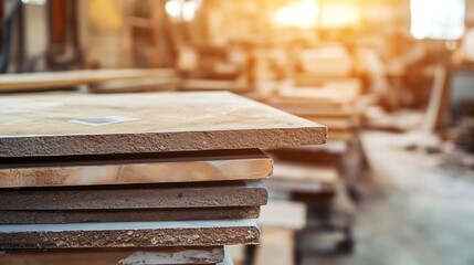 Poster - Stacked wooden planks in a bright workshop showcasing different textures and natural light ambiance : Generative AI