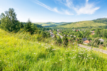 Wall Mural - mountainous countryside landscape of ukraine in summer. organic farmland. scenery with grassy rural field and forest on hill. village in the valley. clouds on blue afternoon sky. natural environment