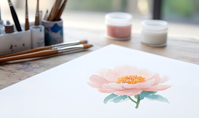 design of an elegant pink peony flower with a watercolor splash, painted on white paper, Generative AI