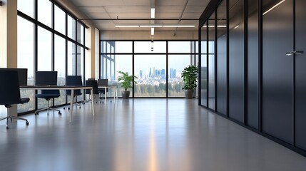 Poster - Sleek modern office interior featuring large windows with a view of the city skyline in the distance on a bright day : Generative AI