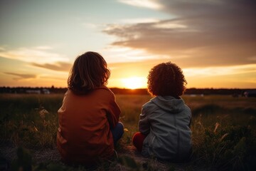 Wall Mural - Two diversity kids watching sunset photography outdoors nature.