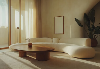 Wall Mural - A mockup of an empty poster frame on the wall in a modern living room with minimalist furniture and soft lighting, creating a clean and elegant atmosphere. The room is decorated in neutral tones 