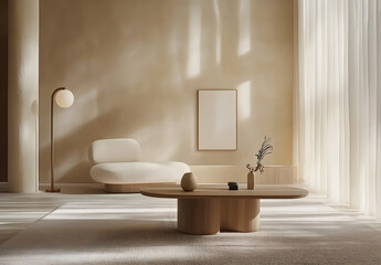 Wall Mural - A mockup of an empty poster frame on the wall in a modern living room with minimalist furniture and soft lighting, creating a clean and elegant atmosphere. The room is decorated in neutral tones 