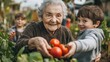 © Design By Reiga - Happy grandmother and grandson harvesting tomatoes in garden