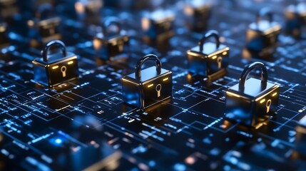 Leinwandbilder - Numerous shiny padlocks displayed over a digital circuit board background representing online data security and protection : Generative AI