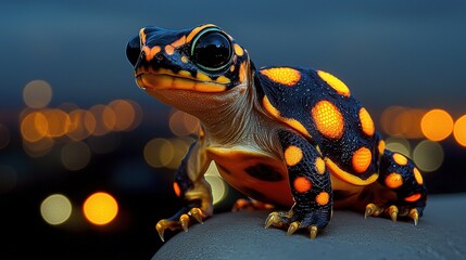 Small orange and black frog sitting on a leaf in a vibrant natural habitat