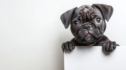 Cute puppy posing with a blank white sign, isolated on white