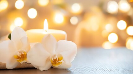 Aufkleber - Elegant white orchids with a glowing candle and soft bokeh background creating a tranquil atmosphere : Generative AI