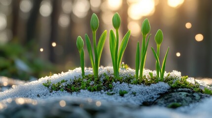 Canvas Print - Spring buds emerging from melting snow in forest