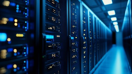 Fototapete - Illuminated rows of servers showcasing modern data center technology with blue lighting : Generative AI