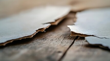 Poster - Torn Pieces of Old Paper on Wooden Surface Creating a Rustic Background Texture : Generative AI