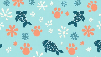 Background pattern cute animal footprints concept. Playful Ocean Animal Tracks with Dolphin and Turtle Footprints