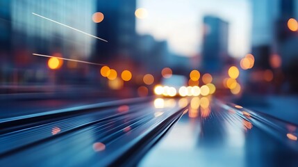 Poster - Blurry city lights and moving traffic lines create a dynamic urban scene at dusk : Generative AI