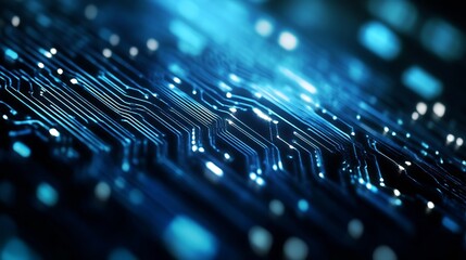 Fototapete - CloseUp of Circuit Board Featuring Blue Lights and Complex Wiring in a HighTech Setting : Generative AI
