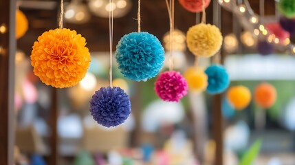 Poster - Colorful decorative pom pom balls hanging in festive atmosphere creating vibrant party ambiance : Generative AI