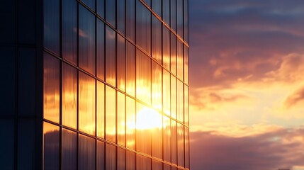 Leinwandbilder - Captivating Reflection of Sunset Sky on Modern Glass Building Creating Warm Atmosphere : Generative AI