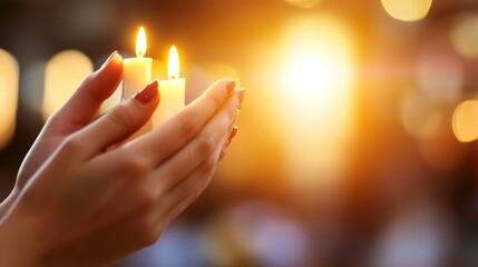 Leinwandbilder - Hands holding glowing candles as a symbol of hope during a tranquil evening setting : Generative AI