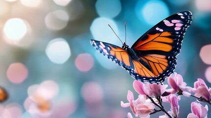 Poster - Vibrant orange butterfly perched on delicate pink flowers with a dreamy bokeh background creating a magical effect : Generative AI