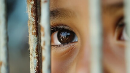 Poster - Closeup shot of a child's eye revealing emotions and reflections in an urban environment through bars : Generative AI