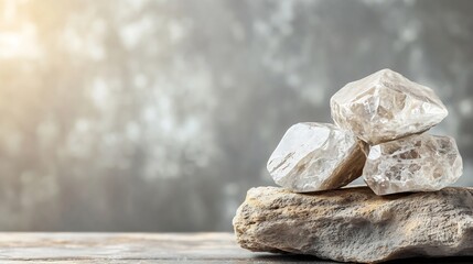 Aufkleber - Natural quartz crystals beautifully arranged on a wooden surface reflecting sunlight for a stunning display : Generative AI