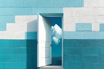 Aufkleber - Open door revealing a bright sky and clouds against a turquoise painted wall with creative artistic features : Generative AI