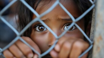 Aufkleber - Young girl peering through a chain link fence capturing a poignant moment of sadness and yearning : Generative AI