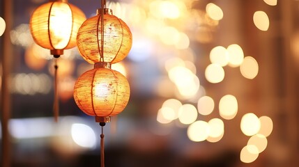 Poster - Beautiful glowing lanterns creating a warm ambiance at an evening celebration with blurred lights : Generative AI