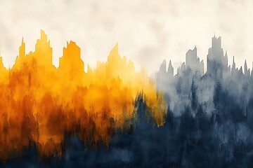 Wall Mural - Abstract city skyline with orange and blue hues blending, evoking a dynamic urban atmosphere