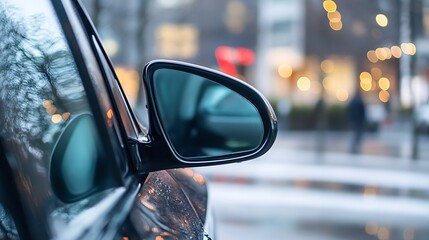 Aufkleber - Closeup of a sleek car side mirror reflecting a vibrant urban backdrop at dusk : Generative AI