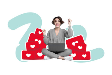 Poster - Creative 3d photo artwork graphics painting of happy smiling lucky lady getting likes isolated drawing background