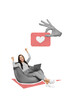 © deagreez - Collage photo of young excited positive cute woman sitting relaxed beanbag chair coder programmer win like online blog instagram isolated on blue color background