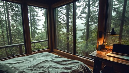 Poster - Cozy bedroom with wooden decor and expansive windows revealing lush green forest views : Generative AI