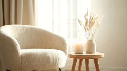 Fototapete - Stylish home decor featuring a cozy chair and decorative vase with dried plants : Generative AI