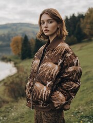the model is wearing a brown puffy jacket with a nature-inspired print. the outfit reflects the fall
