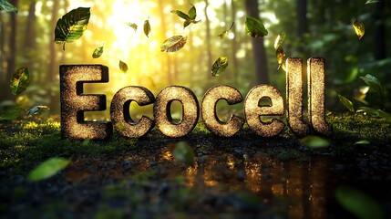 Poster - Ecocell text created with natural materials surrounded by leaves in a sunlit forest : Generative AI