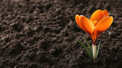 Wall Mural - Bright Orange Crocus Flower Emerging from Dark Soil Background