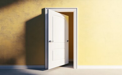 Poster - White door opening into a beautifully lit yellow space showcasing interior design : Generative AI