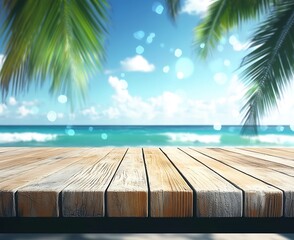 Wall Mural - Beautiful tropical beach view with clear sky and gentle waves framed by palm leaves and wooden deck : Generative AI