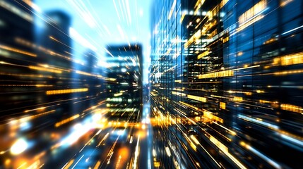 Poster - Dynamic motion blur effect showcasing illuminated skyscrapers in a bustling urban environment : Generative AI