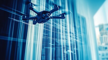 Aufkleber - High-tech drone flying through a futuristic data center with glowing lights and dynamic motion : Generative AI